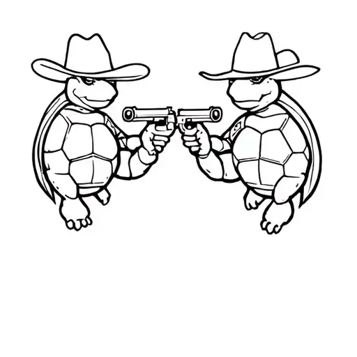 Three Turtles Pointing Guns To Each Other With Cowboy Hats On