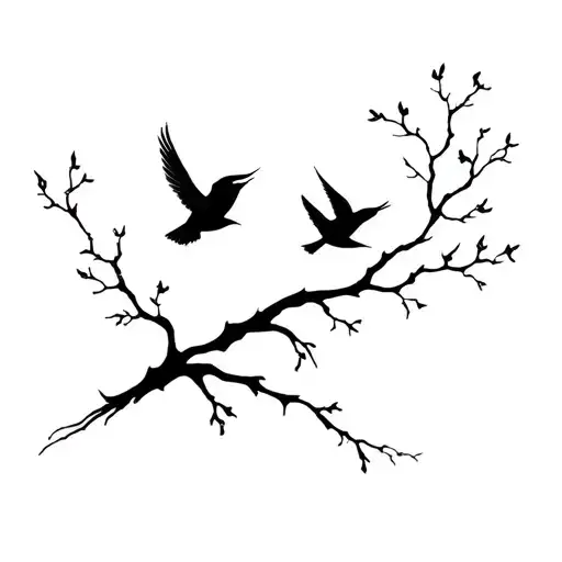 Poison Tree Branch And Two Minimalistic Birds Flying