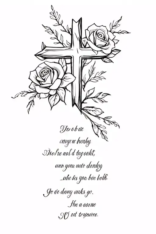 Cross With Roses Blooming With Scripture Verses Flowing