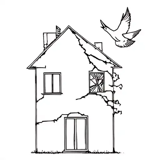 Fully Broken House With A Dove Flying Out Of The Window Away