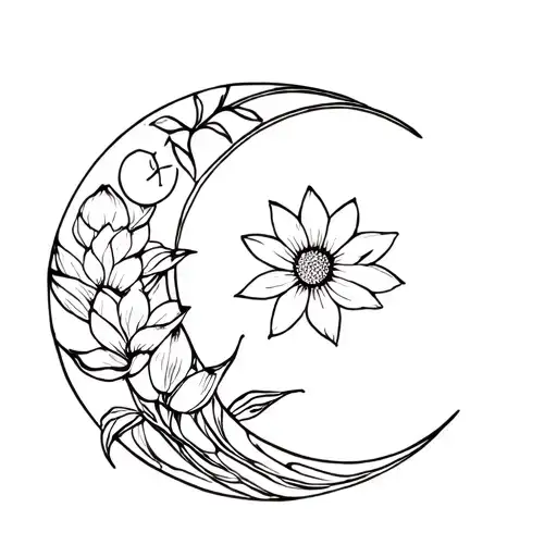 The Crescent Moon And The Lotus And Daisy Flower Are Intertwined With Each Other