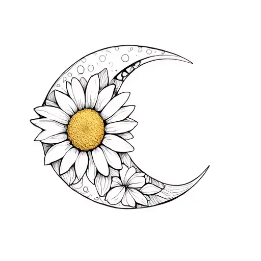 The Petals Of A Daisy Flower Intertwine With The Crescent Moon