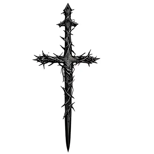Cross Shaped As A Sword With Jesus Thorns Around It And A Cross On The Left Side Neck