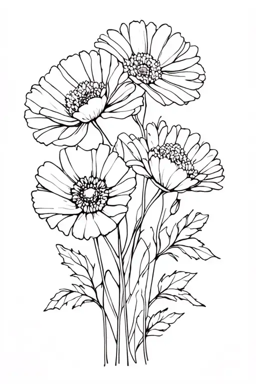 Poppy Marigold Daisy Holly Bouquet Fine Line