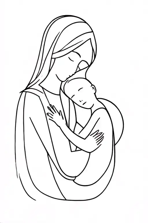 Mother And Child Tattto But With Geometrics And Fine Line