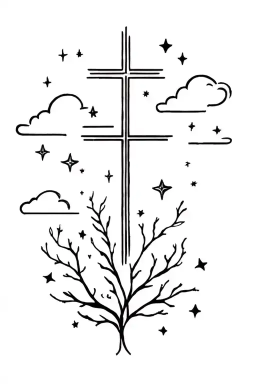 Cross Vines And Cloud Filled Sky Filled With Stars