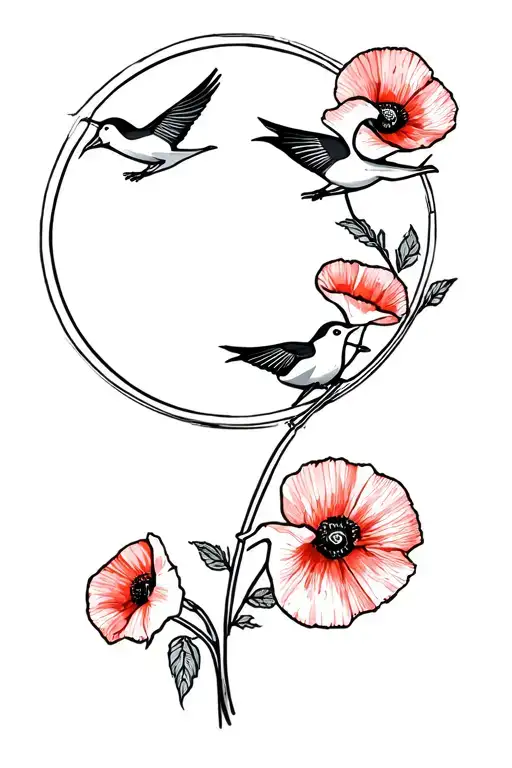 Swallows Holding Poppies Circle Made