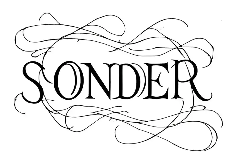 The Word Sonder In A Times New Roman Font Connected And Enveloped In Calligraphy Wisps And Lines