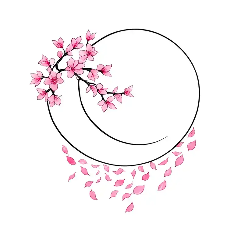 Waning Cresent Moon With Cherry Blossom Petals Falling In Color