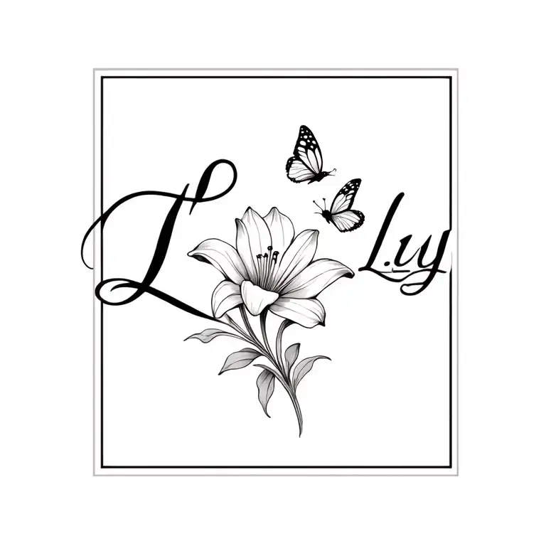 The Name Lilly With A Small Lily Entwined Lily Flower And Two Butterflies