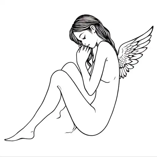 Human Hugging Her Legs With Wing Growing Her Back