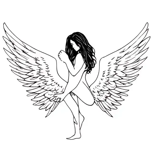 Human Hugging Her Both Legs Down With Big Wings