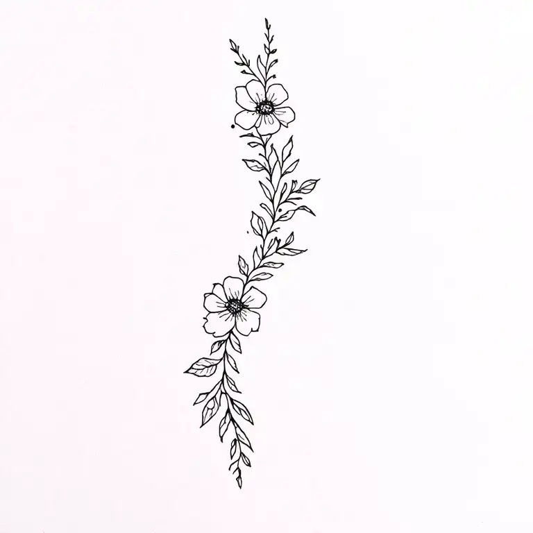 Fine Line Spine Tattoo With Flowers