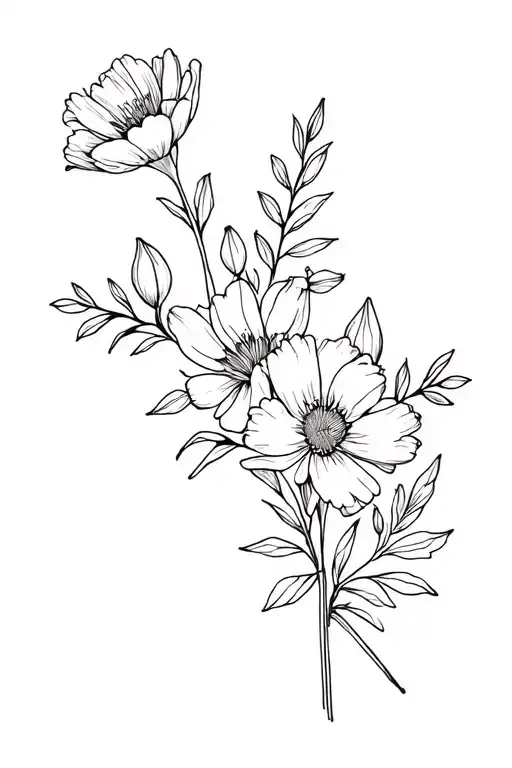 February And August Birth Flower Bouquet Fine Line