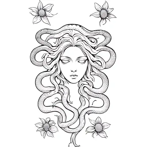 Simple Medusa Tattoo With 4 Snakes And 9 Medusa Flowers