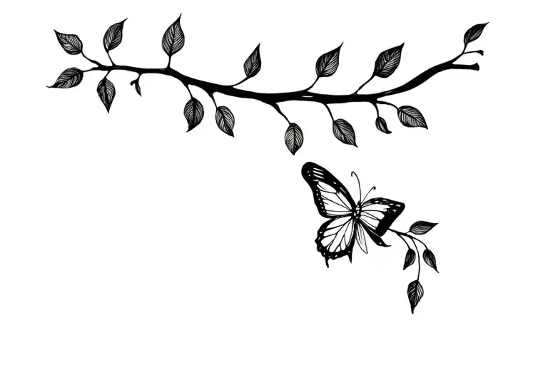 An Extra Thin Branch With Isolated Leaves And A Butterfly Sitting On The Side
