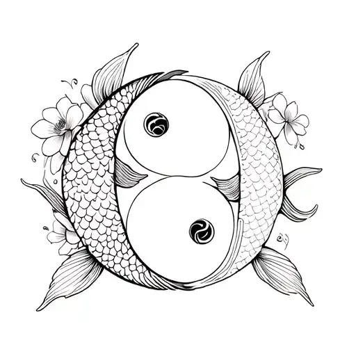 2 Yin And Yang Koi Fish With Flowers Around Them