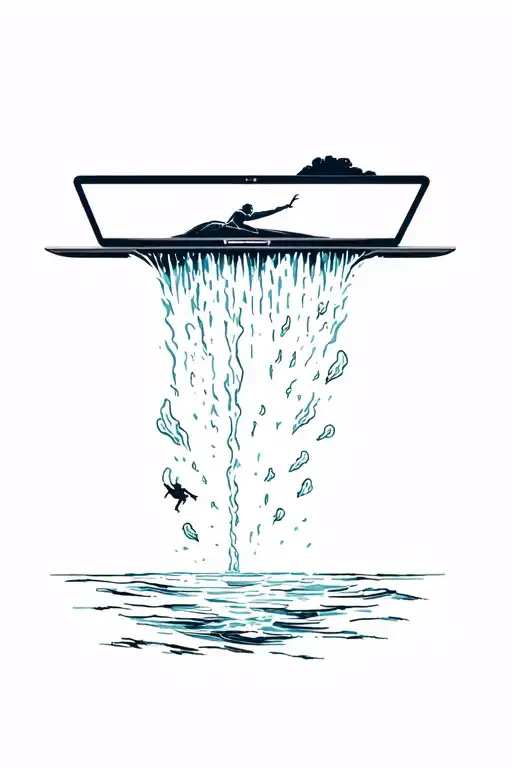 A Waterfall Coming Out Of A Laptop Falling Down Into A Sea And In The Sea Is A Scuba Diver