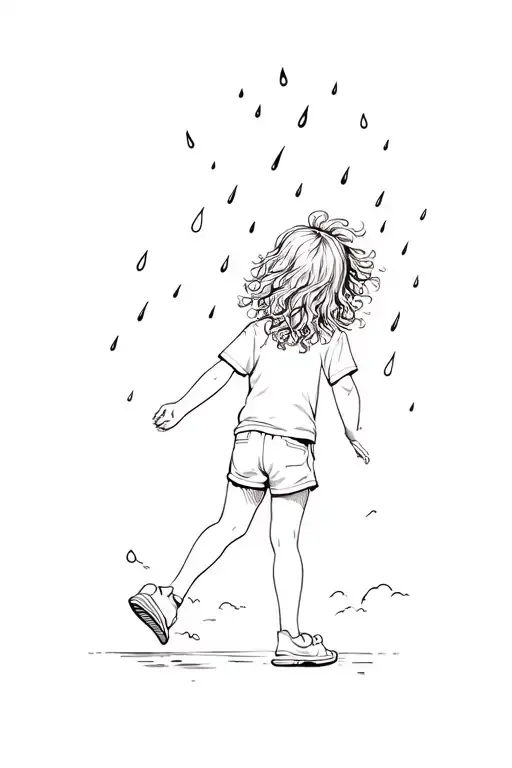 Back Of A Little Girl With Wild And Curly Hair Wearing A T-shirt And Shorts Playing In The Rain