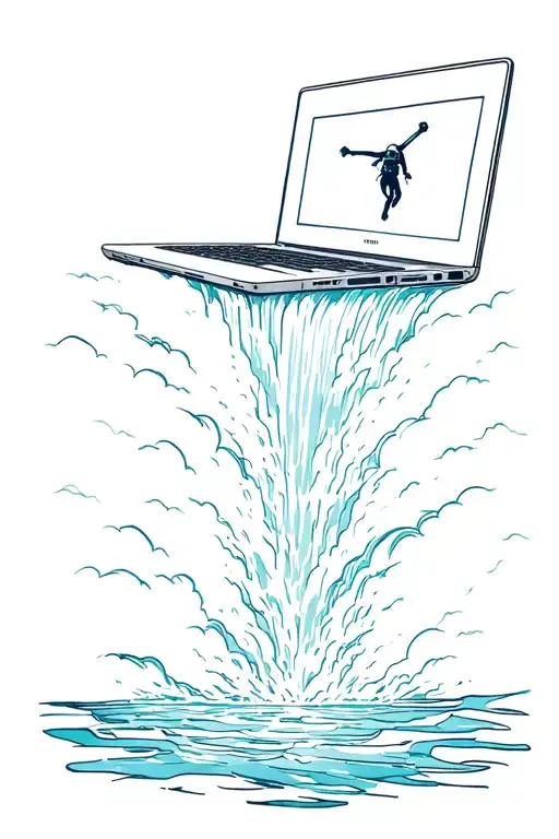 A Waterfall Coming Out Of A Laptop Falling Down Into A Sea And In The Sea Is A Scuba Diver
