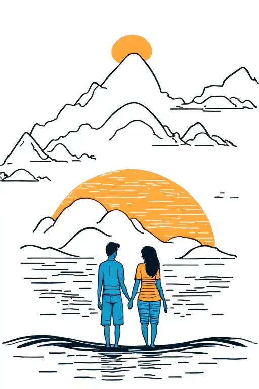 A Couple Watching The Sunset With The Ocean And Tropical Mountain In The Background