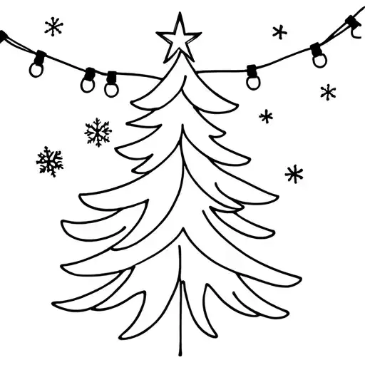 Christmas Tree With String Of Lights With 7 Bulbs 3 Snowflakes And Star In Sky