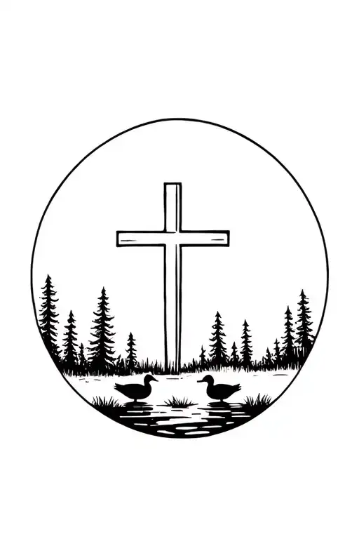 Ducks And A Cross In A Wooded Scene