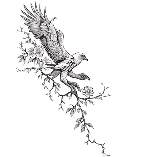 Vulture And Vines Crawling Up Thigh Tattoo With Flowers