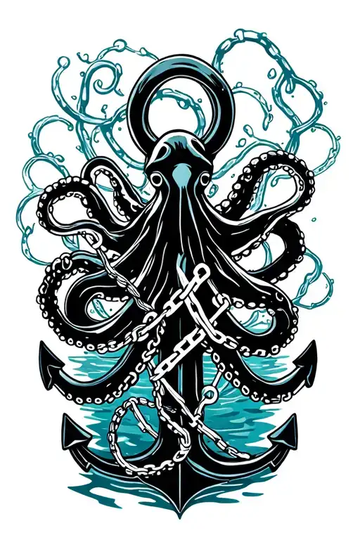 Black Octopus Wrapped Around Anchor In Water With Broken Chain