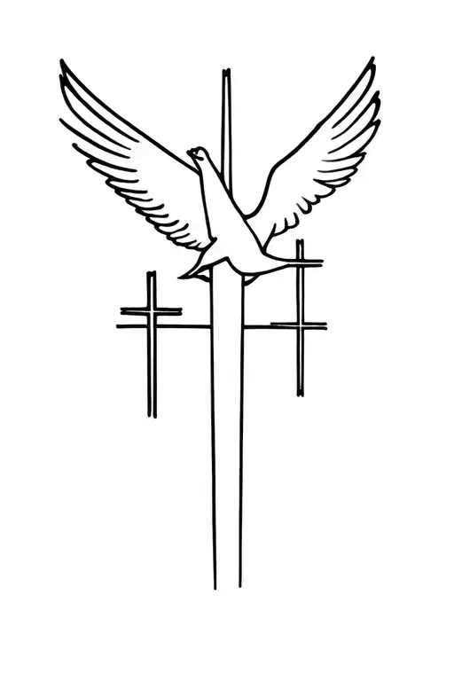 Dove Flying Away With Three Sharp Crosses Shining Behind The Dove