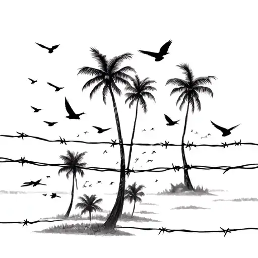 Loose Barbed Wire With Multiple Palm Trees And Flock Of Birds During A Storm Suicideboys Style