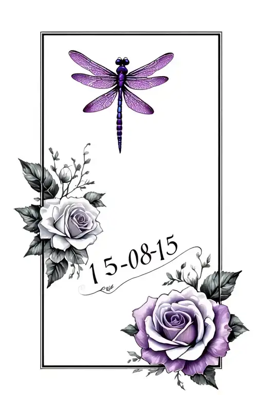 Dragonfly With Black Purple And White Roses Behind It And Incorporating The Date 15-08-15