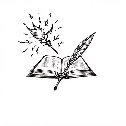 Line Work Tatoo Of Book With A Magical Wand With Sparks Next To It But Also A Quill And Ink