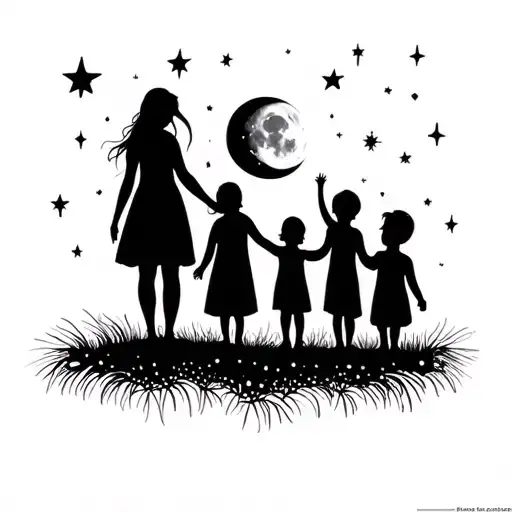 Silhouette Of Mother And Children Holding Hands Under Moon And Stars