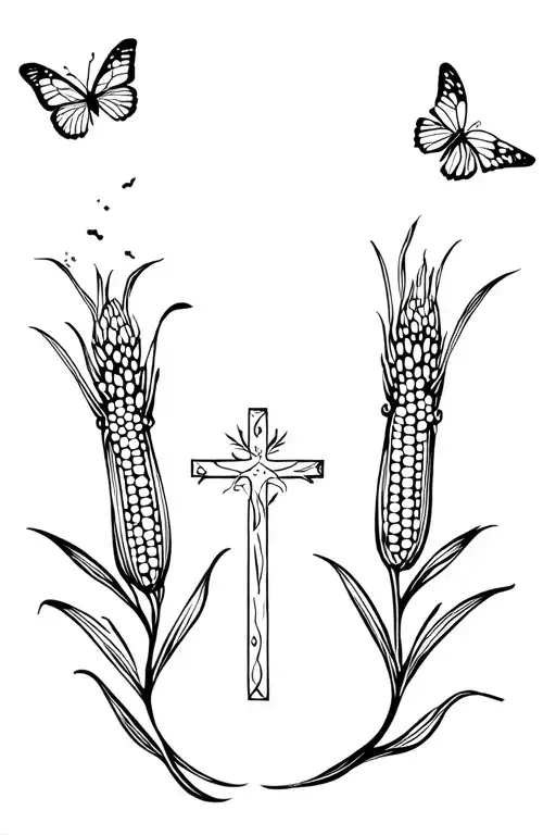 Memorial Tattoo With A Cross And Corn And Butterflies