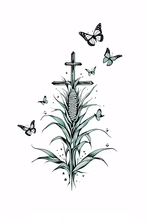 Memorial Tattoo With A Cross And Corn Growing Up It And Butterflies Landing On It
