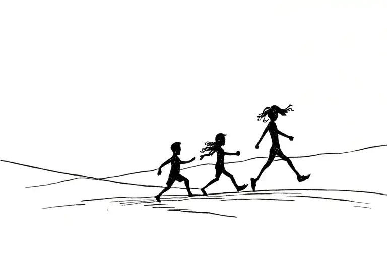 Silouhette Of Two Brothers And A Little Sister Running And Playing Towards The Right