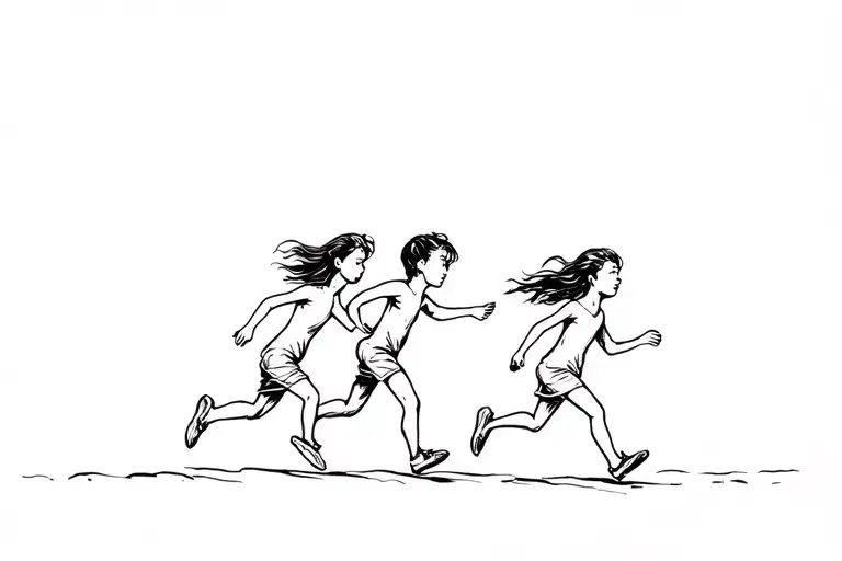 Silouhette Of 2 Brothers And 1 Little Sister Running And Playing Towards The Right