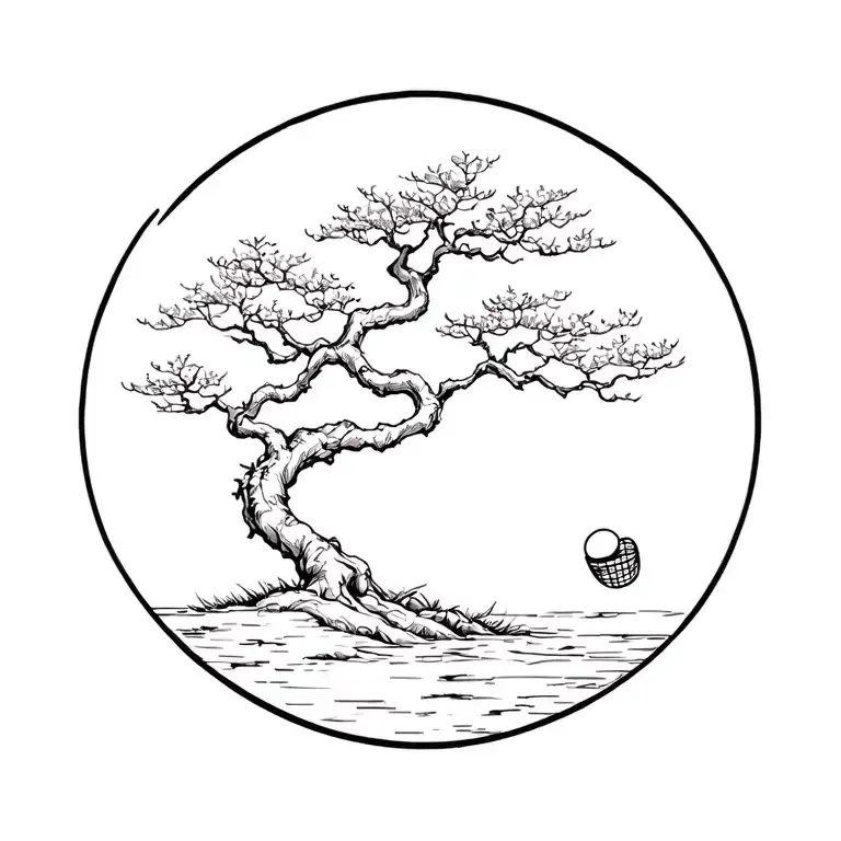 Bonsai Tree With Disc Golf Basket Nestled