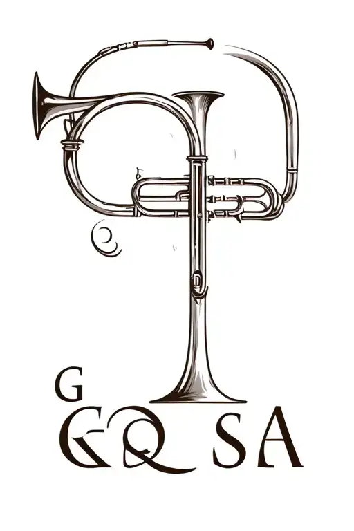 Use The Letters Gkqrsa In A Realistic Style Tattoo Featuring A Trumpet