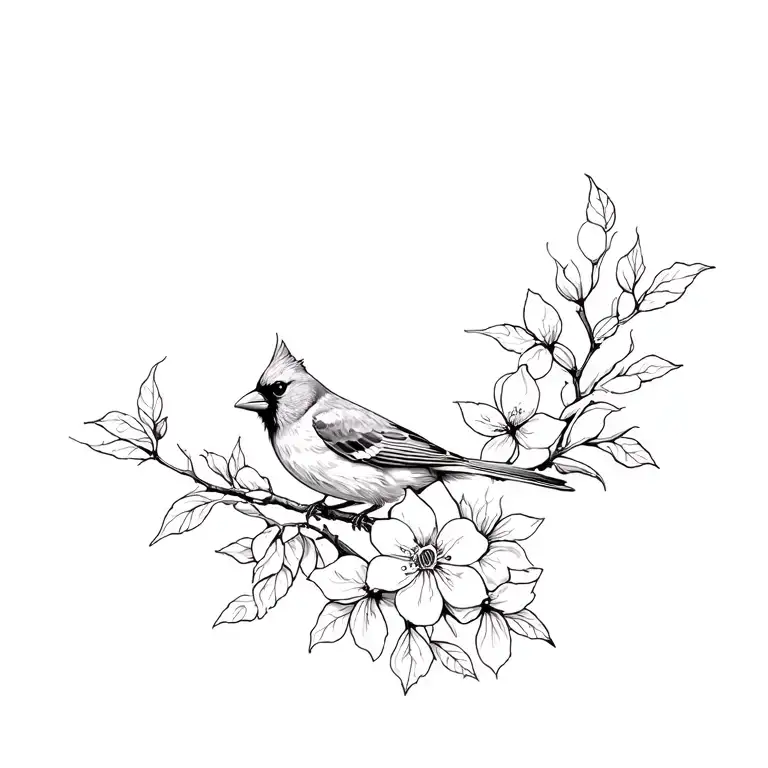 Cardinal Perched On A Dogwood Flowers