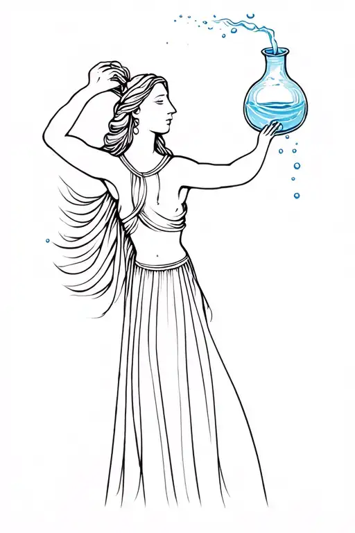 Fine Line Water Bearer Goddess Standing Pouring Water Flowing Out Of Jug Above Her Head