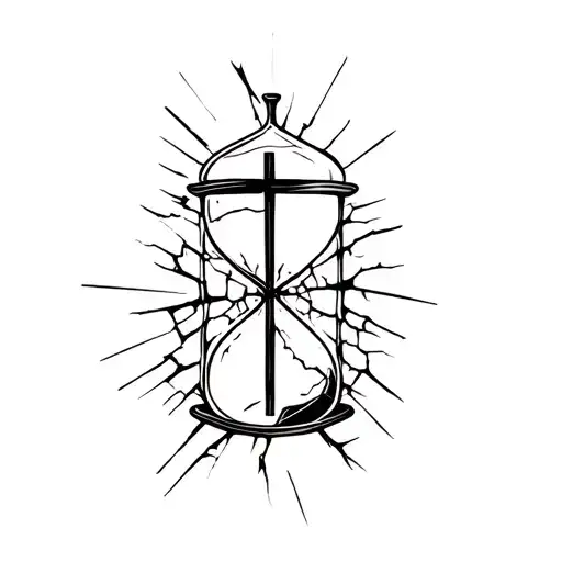 Hour Glass With Cracked Glass Shards With A Cross In The Back Raped In Bob Wire