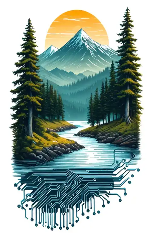 Microchip Circuit Infused With Forest With River Flowing And Mountain In Background