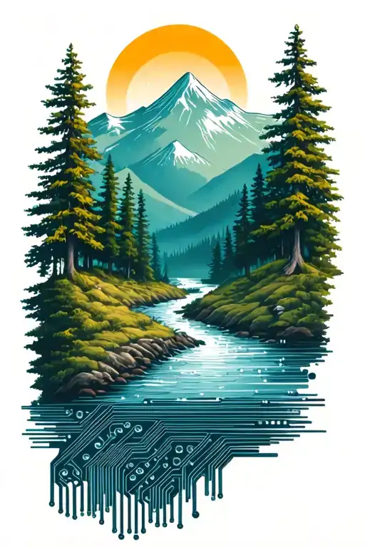 Microchip Circuit Infused With Forest With River Flowing And Mountain In Background