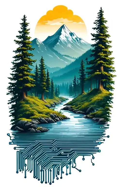 Microchip Circuit Infused With Forest With River Flowing And Mountain In Background