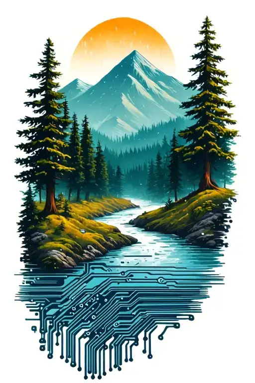 Microchip Circuit Infused With Forest With River Flowing And Mountain In Background