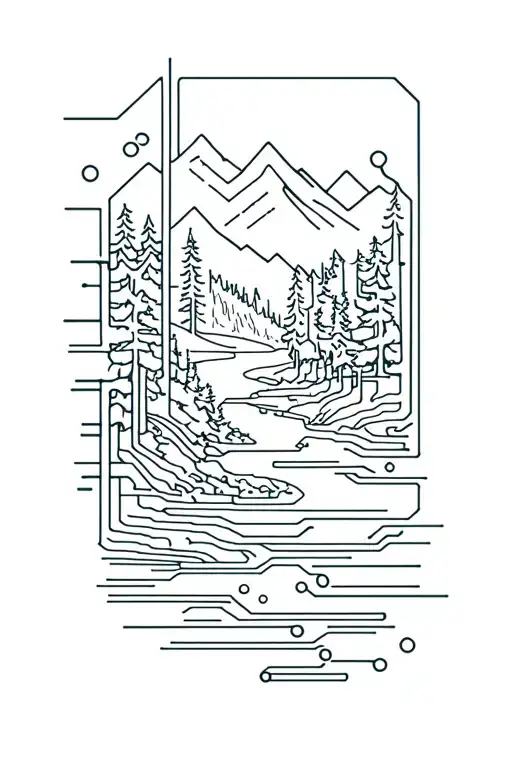 Microchip Circuit Infused With Forest With River Flowing And Mountain In Background