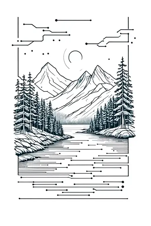Microchip Circuit Infused With Forest With River Flowing And Mountain In Background