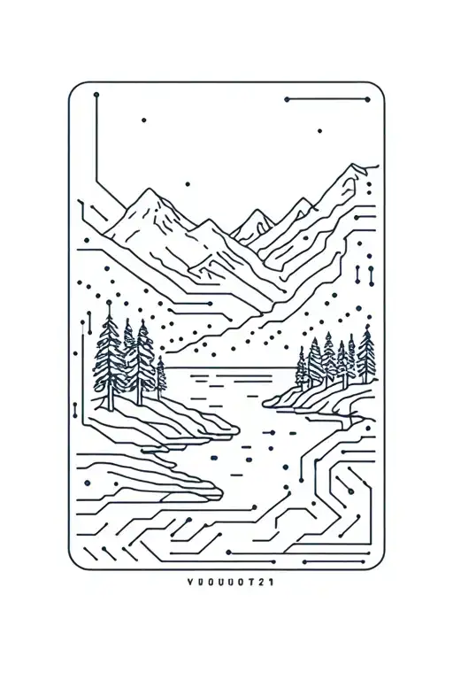 Microchip Circuit Infused With Forest With River Flowing And Mountain In Background